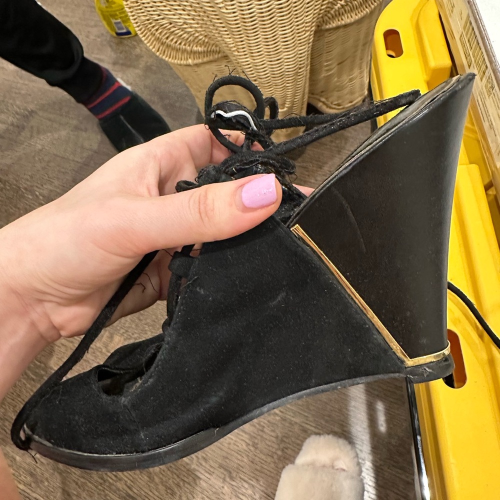 Zara Black & Gold Lace Up Leather/Suede Wedges